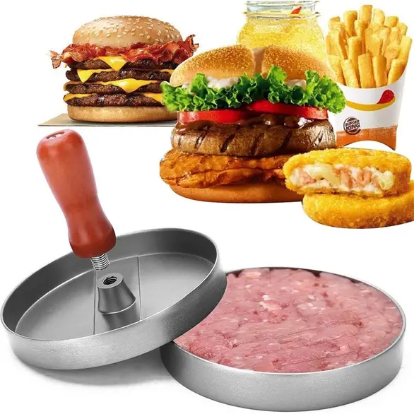 Stampo per Hamburger in Alluminio Manico in Legno Pressa Carne Burger Barbecue