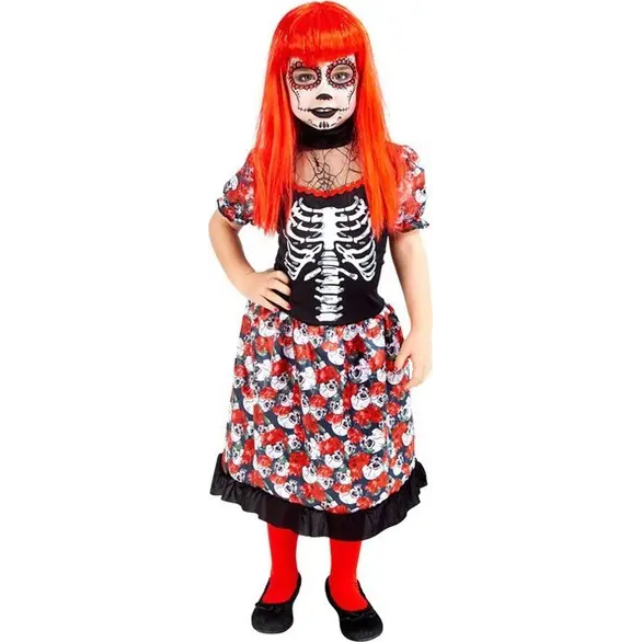 Costume Carnevale scheletro messicano vestito La Muerte bambina 5-13 anni (M...