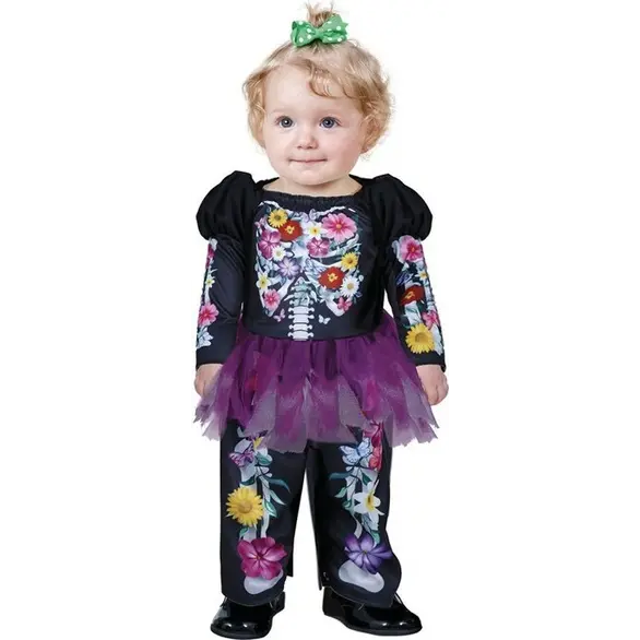Costume Carnevale scheletro messicano vestito La Muerte bambina 12-24 mesi...