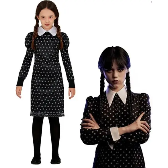 Costume Carnevale Mercoledì Addams vestito horror per bambina 3-16 anni festa...