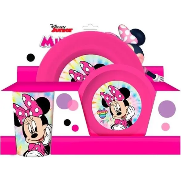 Set Colazione 3pz Disney Minnie Mouse Piatto Bicchiere Scodella Asilo Bambina