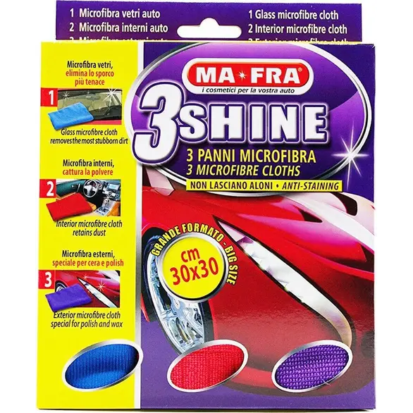 MAFRA 3SHINE 3 panni microfibra anti aloni interno esterno vetri auto moto 0309