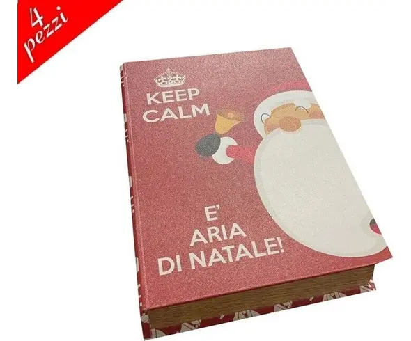 Set 4 Scatole Natalizie a Libro Keep Calm Aria di Natale Portacaramelle Casa