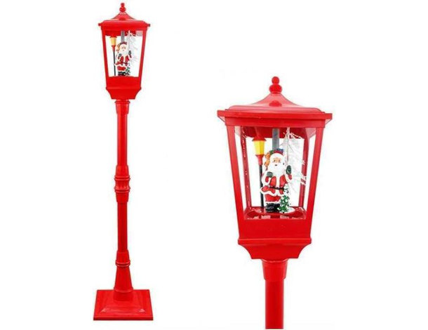 Lampione Natale Luce LED Scena Natalizia Motorizzata Neve Musica 135cm Rosso