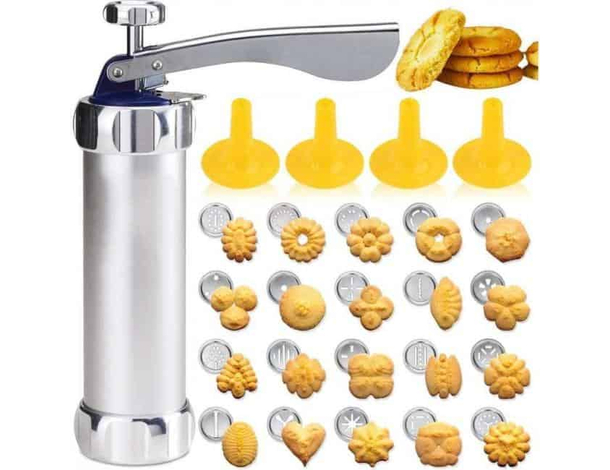 Macchina Pistola Da Biscotti Alluminio Siringa Dolci Formine Sparabiscotti 24pz