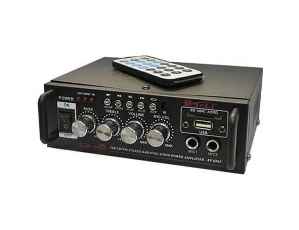 Amplificatore Stereo Microfono Due Ingressi USB Karaoke Radio FM AUX Musica