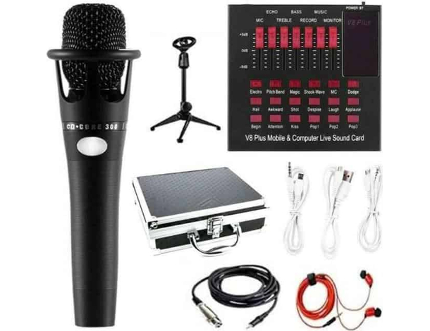 Kit Microfono Cardioide Condensatore Cavalletto Auricolari Mixer Effetti Cavo