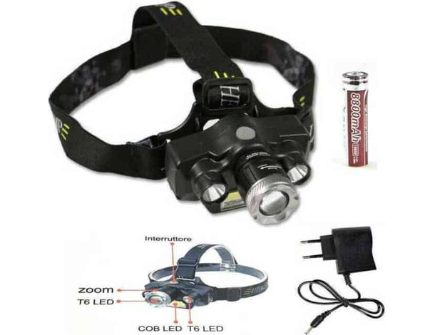 Torcia Frontale da Testa LED Ricaricabile Pesca Caccia Zoom CREE T6 Batteria