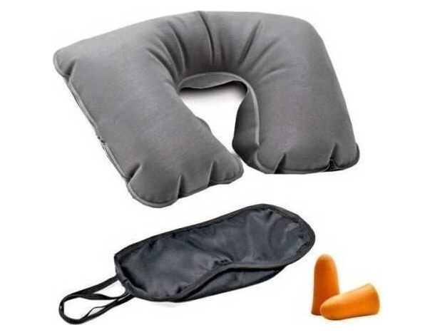 Kit 3 Pezzi Set da Viaggio Cuscino Gonfiabile Mascherina Tappi Orecchie Viaggio