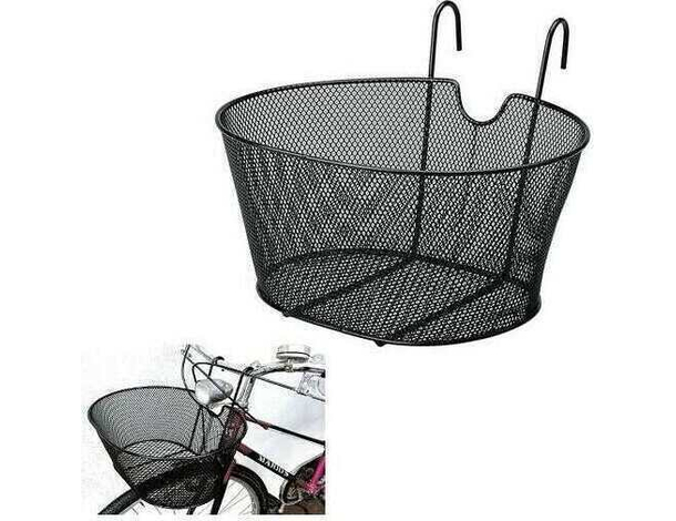 Cestino Anteriore Ovale per Bicicletta con Ganci 38x24x21cm Cesto in Ferro Nero