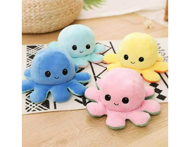 Polipo Peluche Reversibile Arrabbiato Felice Bicolore Cambia Umore Morbido...