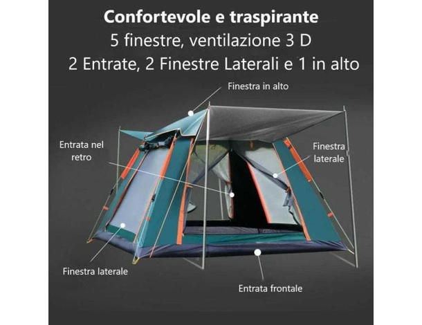 Tenda da Campeggio 4-5 Posti Persone Impermeabile Automatica Anti-UV...
