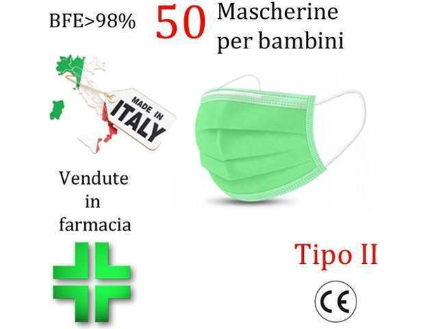 50x Mascherine Chirurgiche per Bambini  Certificate CE Verde Monouso...