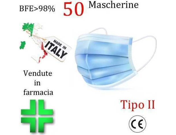 50x Mascherine Chirurgiche Tipo II Certificate CE Colore Celeste Monouso Viso...