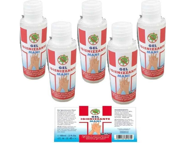 5x Flaconi Gel Igienizzante Mani da 60 ml Contenuto Alcool 96% Made in Italy