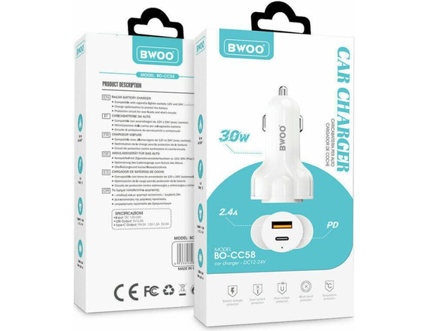 Caricabatterie Cellulare CC58 da Auto Presa Accendisigari USB Type-C 2.4A 30w...