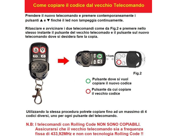 2x Telecomandi Universali a Frequenza Fissa 433,92MHz 4 Pulsanti NO ROLLING...