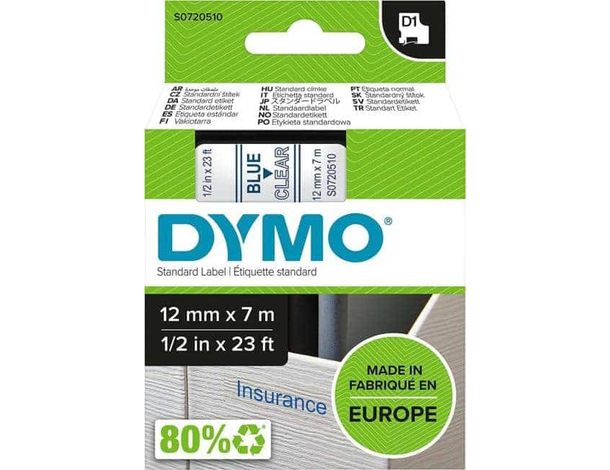 Etichette Dymo D1 LabelManager 12 mm x 7 mt Blu su Trasparente S0720510