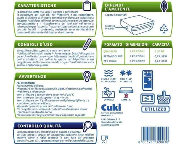 6 Confezioni da 3 Contenitori Ermetici Quadrati con coperchio CUKI 4 Porzioni...