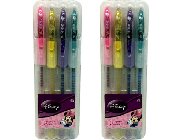 2 set di 4 Penne Glitter Fantasia Disney Minnie Scuola Bambini 8pz Disegnare