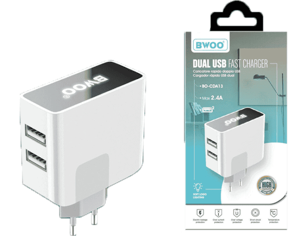 Caricabatterie da Parete Doppia Porta Dual USB Led Caricatore Rapido 2.4A CDA13