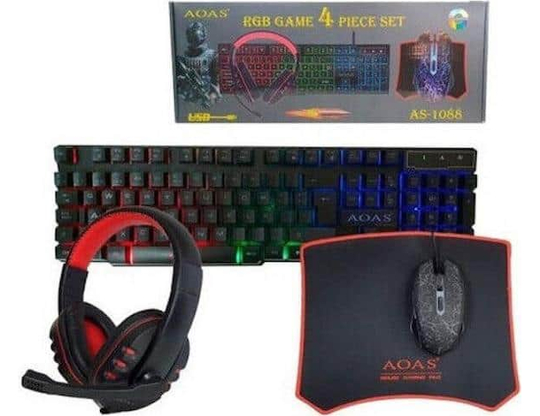 Set 4 in 1 Da Gioco Gaming RGB Set Tastiera Mouse 6 Tasti Cuffie Mouse Pad Usb