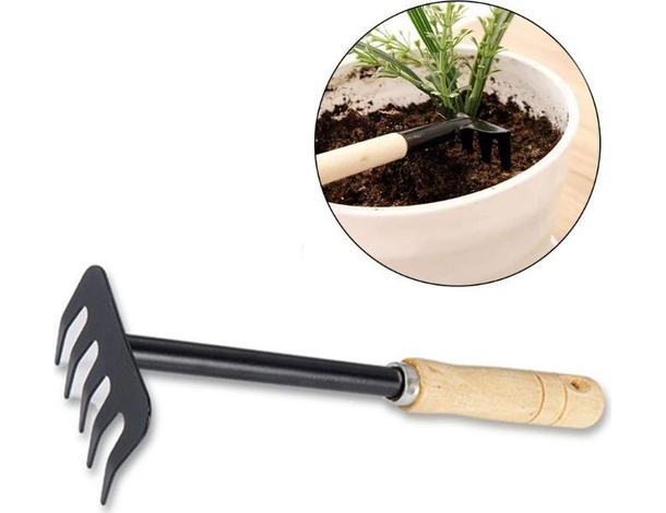 Rastrello da Giardino 30cm Manico Legno 5 Attrezzi Denti Acciaio Fiori Aiuole