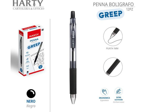 12x Penne a Sfera Greep con Punta da 1 mm Vari Colori Scuola Ufficio Casa (Nero)