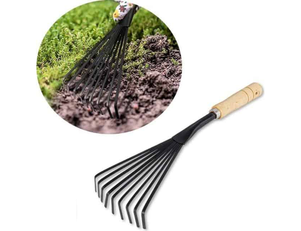 Rastrello da Giardino per Aiuole 9 Denti Scopetta Acciaio Manico in Legno Orto