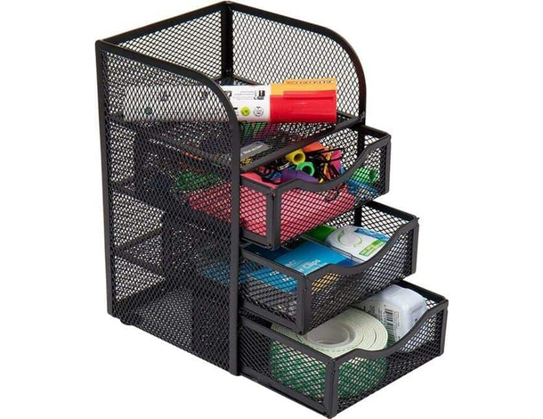 Organizer Da Scrivania Nero in Metallo Portapenne Ufficio Matite 3 Cassetti