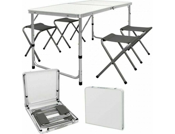 Tavolo Pieghevole Portatile a Valigetta 120x60cm 4 Sgabelli Campeggio Picnic