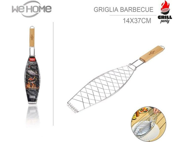 Griglia per Pesce Barbecue Graticola in Acciaio Manico in Legno 14x37cm 7
