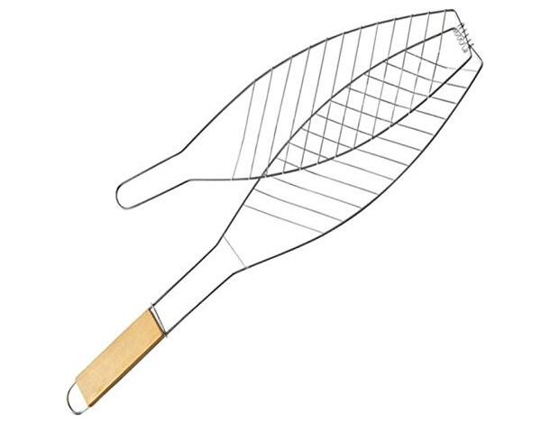 Griglia per Pesce Barbecue Graticola in Acciaio Manico in Legno 14x37cm 2