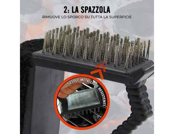 Spazzola Metallica Pulizia Barbecue Griglia Forni BBQ Con Raschietto e Spugna...