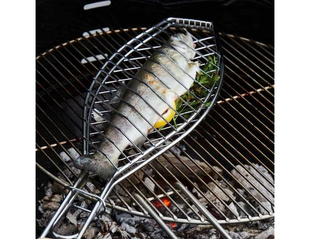 Griglia per Pesce Barbecue Graticola in Acciaio Manico in Legno 11x31cm 6
