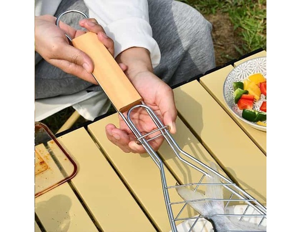 Griglia per Pesce Barbecue Graticola in Acciaio Manico in Legno 11x31cm 5