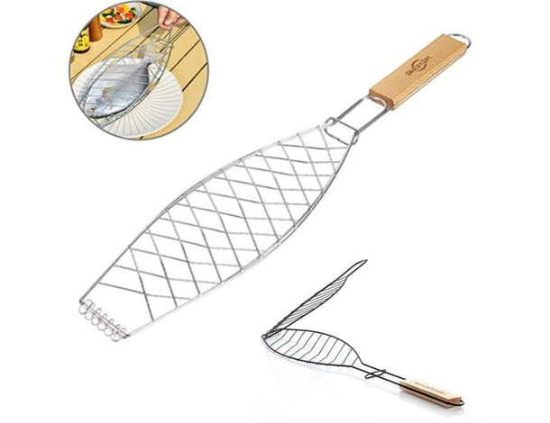 Griglia per Pesce Barbecue Graticola in Acciaio Manico in Legno 14x37cm