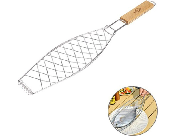 Griglia per Pesce Barbecue Graticola in Acciaio Manico in Legno 11x31cm