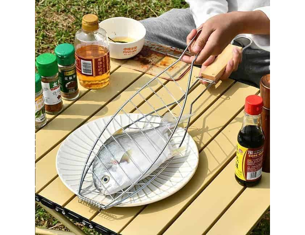 Griglia per Pesce Barbecue Graticola in Acciaio Manico in Legno 14x37cm 5