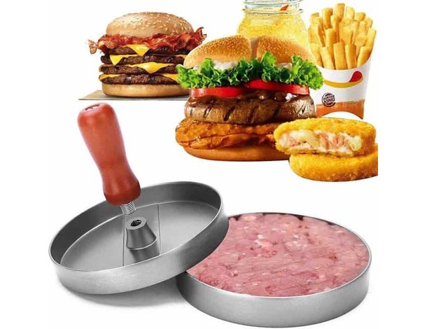Stampo per Hamburger in Alluminio Manico in Legno Pressa Carne Burger Barbecue