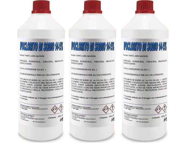 3x Flaconi da 1kg di ipoclorito di sodio al 14-15% professionale germicida