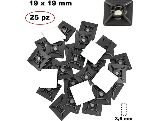 25x supporto adesivo 19x19 mm per fascette autostringenti da 3,6 mm nero cavi