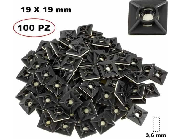 100x supporto adesivo 19x19 mm per fascette autostringenti da 3,6 mm nero cavi