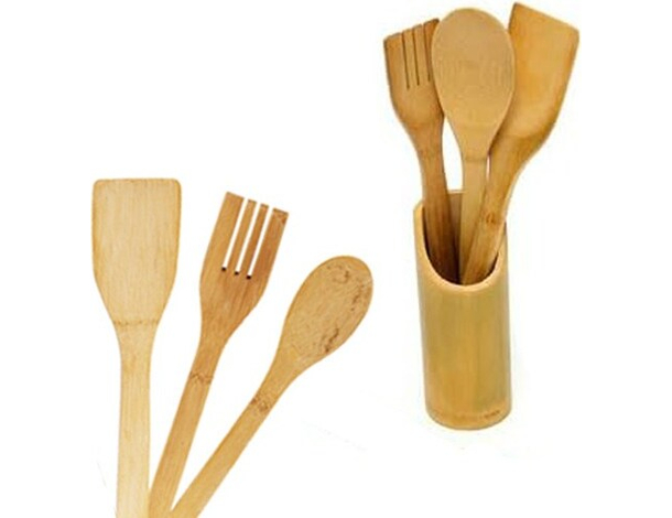 Porta Posate e Mestoli da Cucina in Legno Bamboo Portaposate con 3 Accessori