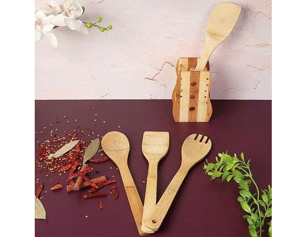 Porta Posate e Mestoli da Cucina in Legno di Bamboo Portaposate con 4...