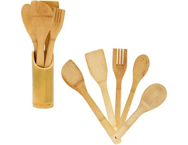 Porta Posate e Mestoli da Cucina in Legno di Bamboo Portaposate con 5 Accessori