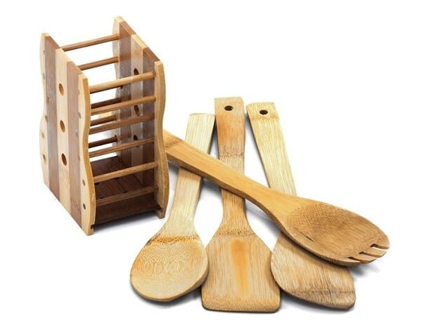 Porta Posate e Mestoli da Cucina in Legno di Bamboo Portaposate con 4...