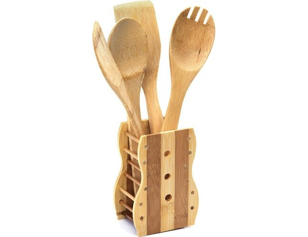 Porta Posate e Mestoli da Cucina in Legno di Bamboo Portaposate con 4 Accessori