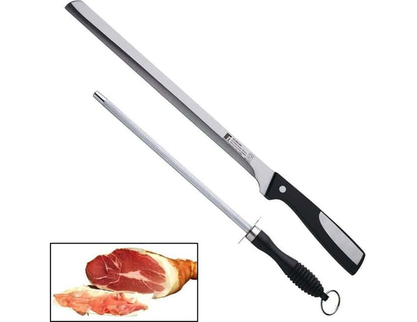 Set coltello da prosciutto 25cm + acciaino affilatore in acciaio inox 20cm