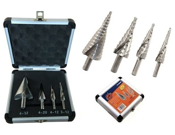 Set di 4 frese coniche allargafori a gradino in acciaio 3-12 4-12 4-20 4-42 mm